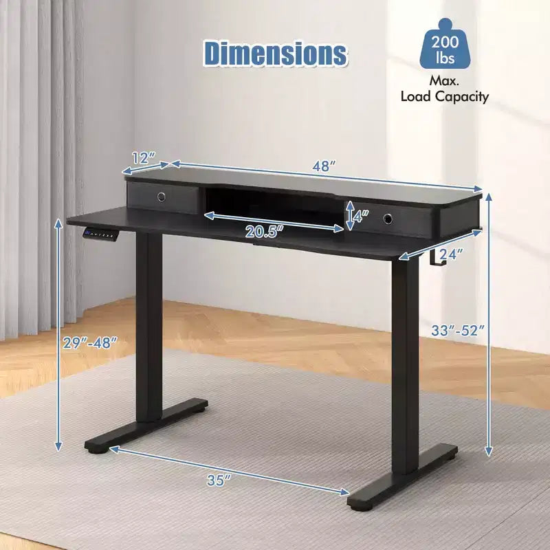 Bureau Debout Électrique 48x 24 avec 2 Tiroirs Support Moniteur Étagère de Rangement Marron/Noir/Blanc