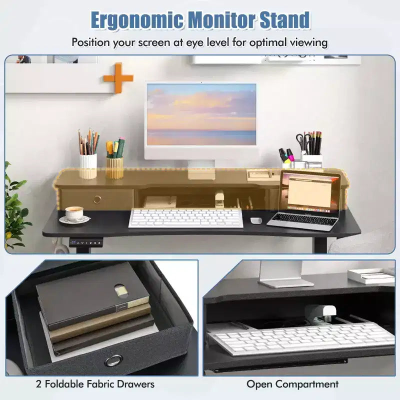 Bureau Debout Électrique 48x 24 avec 2 Tiroirs Support Moniteur Étagère de Rangement Marron/Noir/Blanc