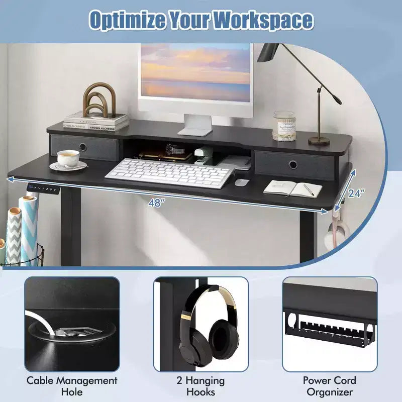 Bureau Debout Électrique 48x 24 avec 2 Tiroirs Support Moniteur Étagère de Rangement Marron/Noir/Blanc
