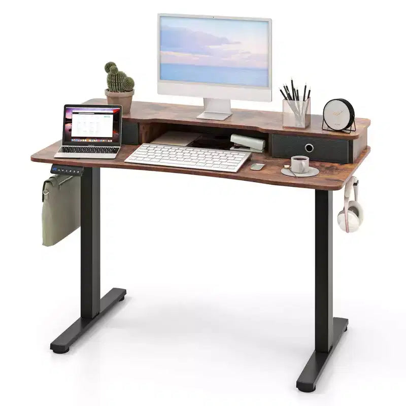 Bureau Debout Électrique 48x 24 avec 2 Tiroirs Support Moniteur Étagère de Rangement Marron/Noir/Blanc
