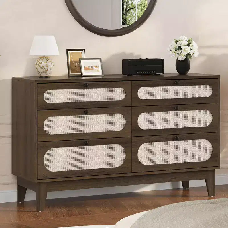 6 Drawer Wood Dresser with Charging Station, Rattan Chest of Dressers for Bedroom, Living Room