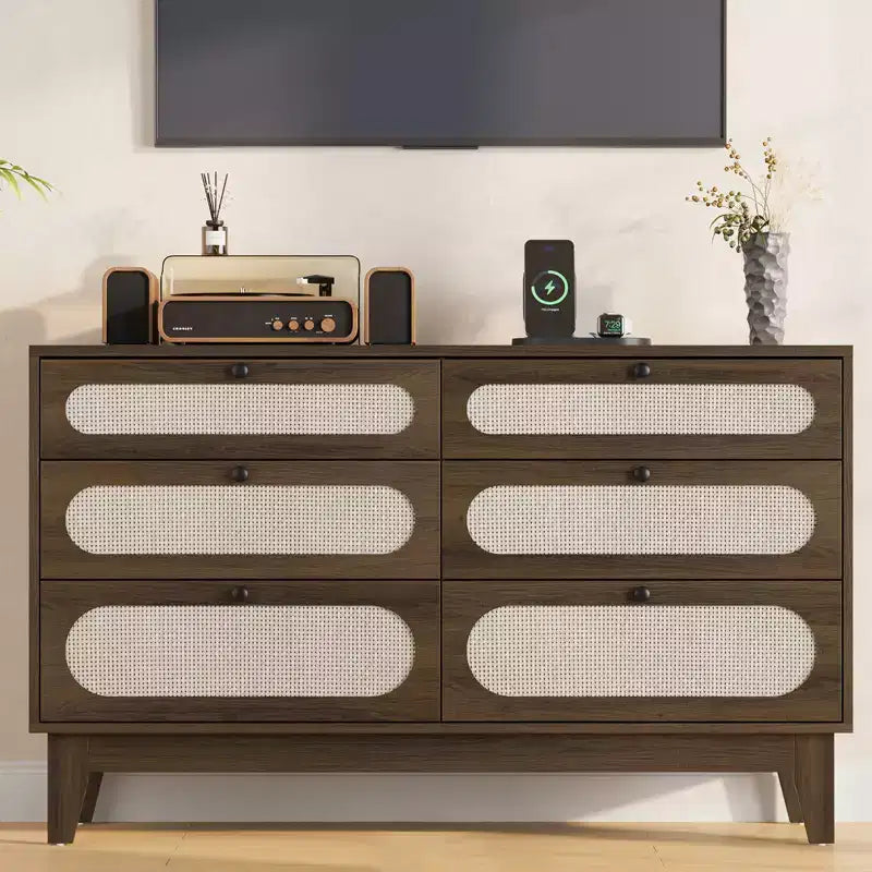 Commode en bois à 6 tiroirs avec station de charge, commode en rotin pour chambre à coucher, salon