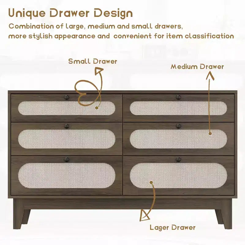 Commode en bois à 6 tiroirs avec station de charge, commode en rotin pour chambre à coucher, salon