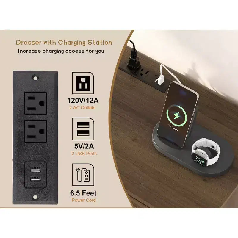 Commode en bois à 6 tiroirs avec station de charge, commode en rotin pour chambre à coucher, salon