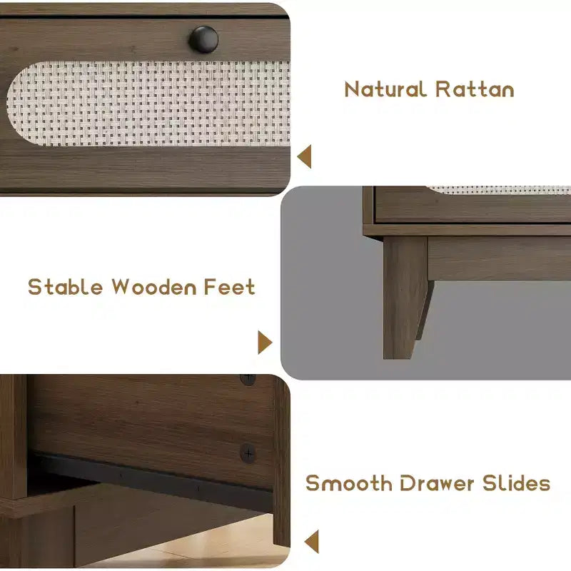 Commode en bois à 6 tiroirs avec station de charge, commode en rotin pour chambre à coucher, salon