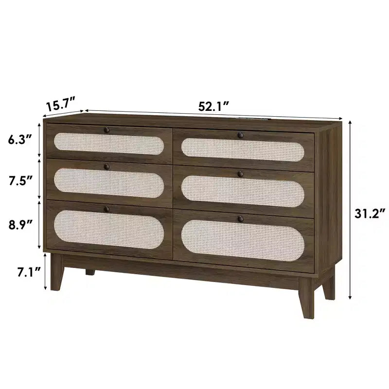 Commode en bois à 6 tiroirs avec station de charge, commode en rotin pour chambre à coucher, salon