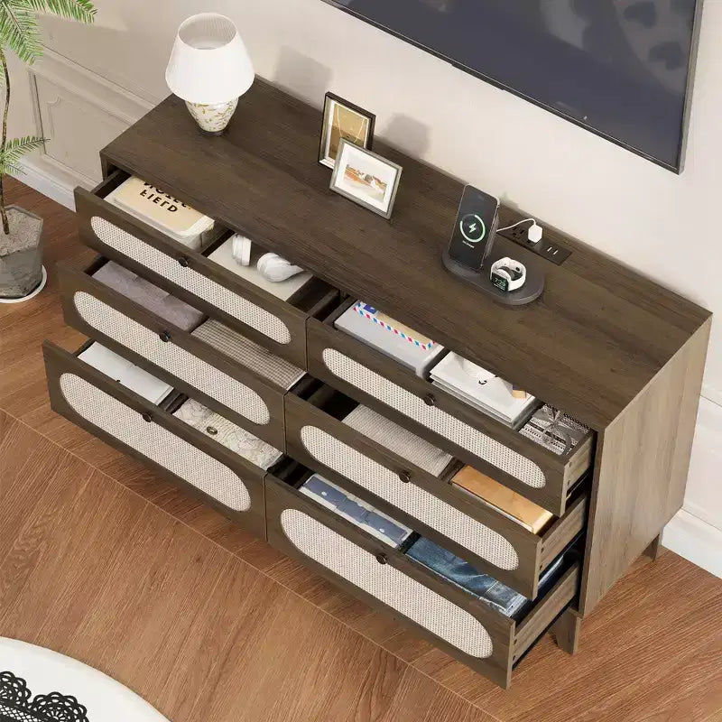 Commode en bois à 6 tiroirs avec station de charge, commode en rotin pour chambre à coucher, salon
