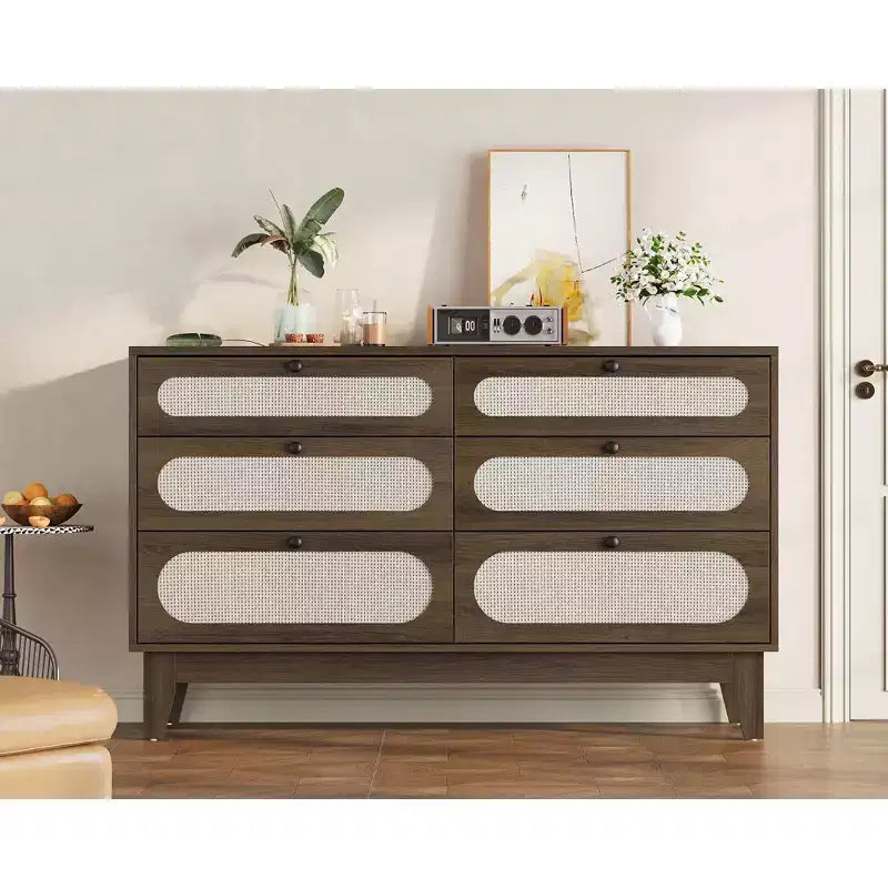 Commode en bois à 6 tiroirs avec station de charge, commode en rotin pour chambre à coucher, salon