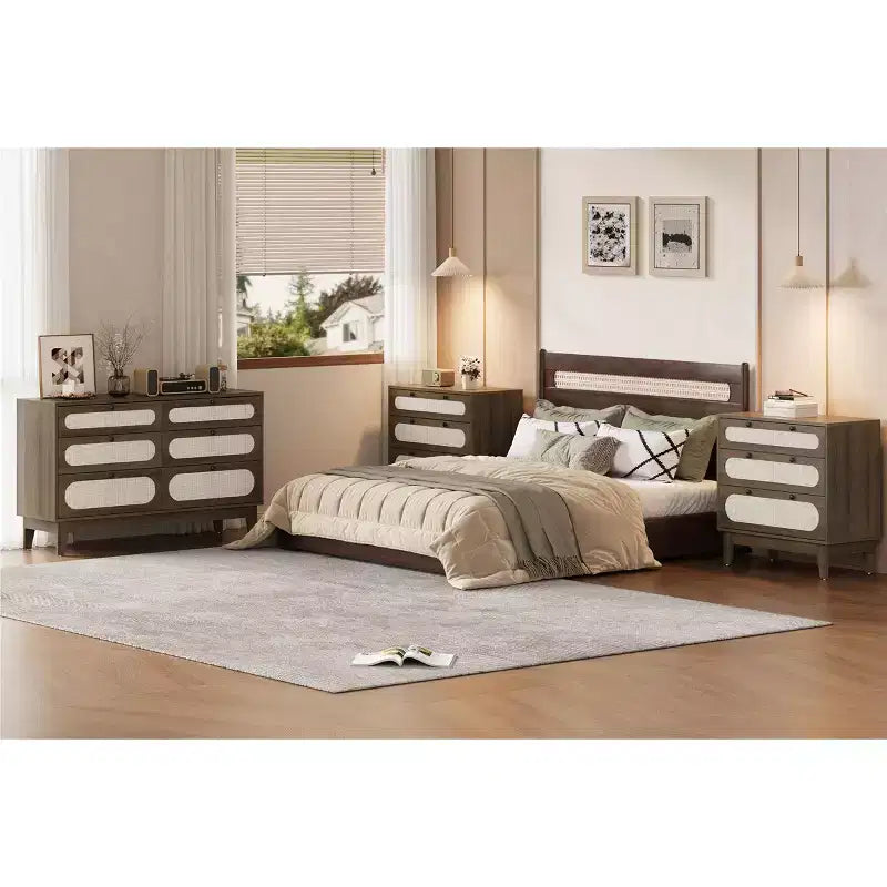 Commode en bois à 6 tiroirs avec station de charge, commode en rotin pour chambre à coucher, salon