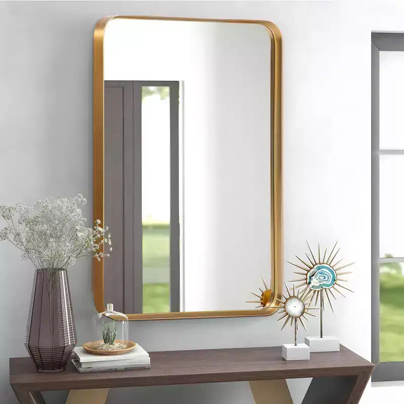Miroir rectangulaire mural à bords circulaires en alliage d'aluminium avec imitation galvanoplastie, 96 x 66 x 5 cm