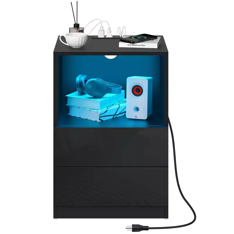 Hommpa Modern Open Shelf Bedside Table LED Nightstand with Charging Station