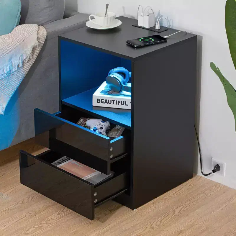 Table de chevet moderne à étagère ouverte avec LED et station de recharge