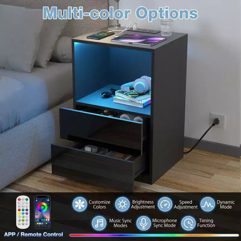 Table de chevet moderne à étagère ouverte avec LED et station de recharge