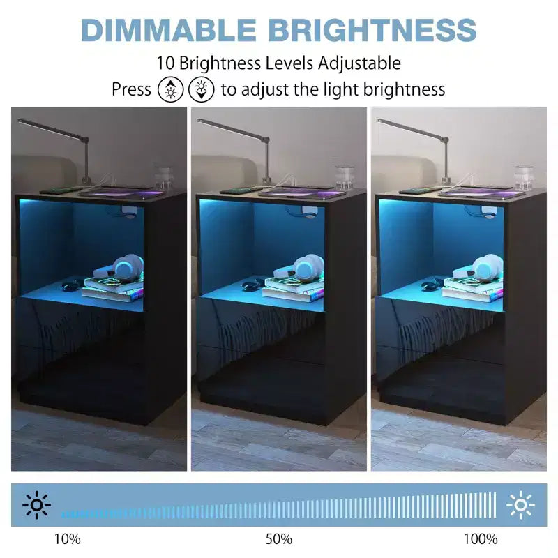 Table de chevet moderne à étagère ouverte avec LED et station de recharge