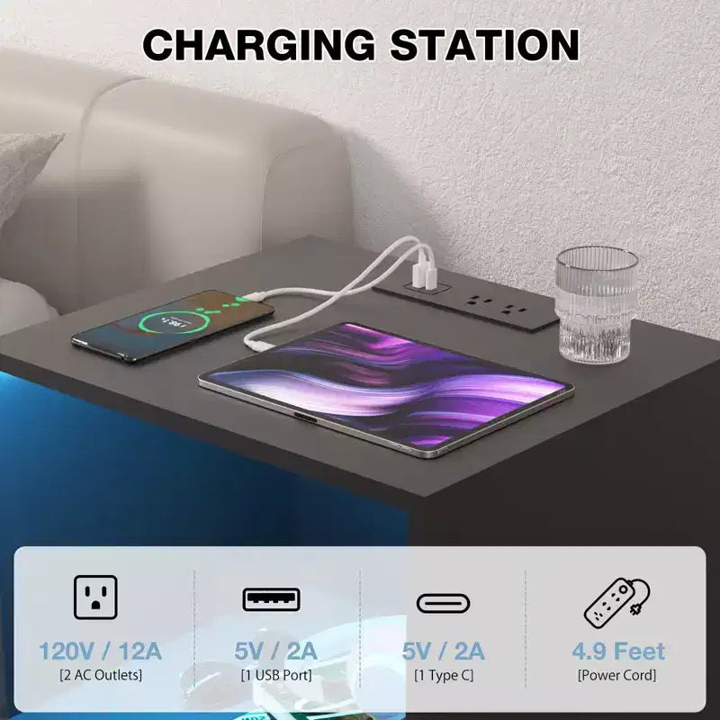 Table de chevet moderne à étagère ouverte avec LED et station de recharge