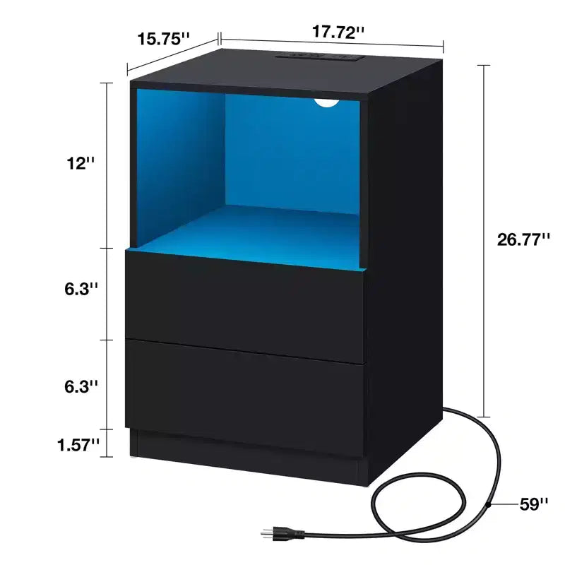 Table de chevet moderne à étagère ouverte avec LED et station de recharge