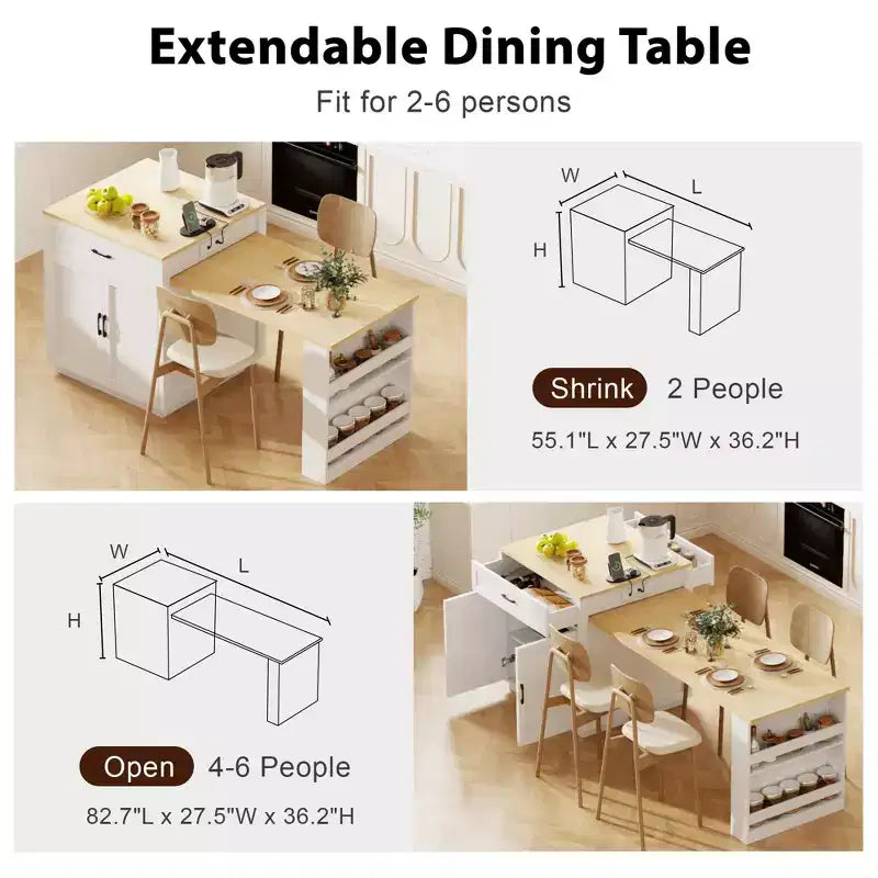 Îlot de cuisine blanc de 210 cm avec table à manger extensible pour 4-6 personnes, table de cuisine bicolore avec rangement double face
