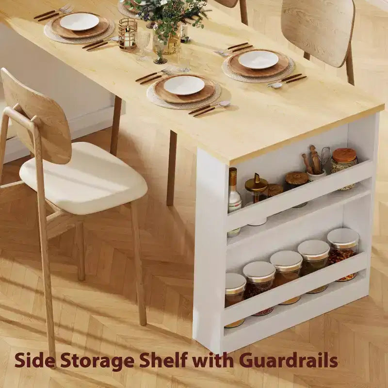 Îlot de cuisine blanc de 210 cm avec table à manger extensible pour 4-6 personnes, table de cuisine bicolore avec rangement double face