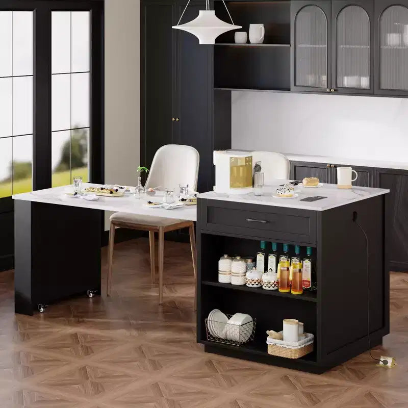 Îlot de cuisine blanc de 210 cm avec table à manger extensible pour 4-6 personnes, table de cuisine bicolore avec rangement double face
