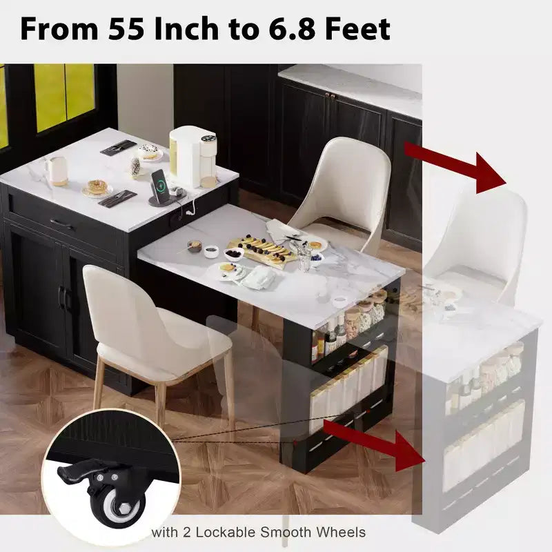 Îlot de cuisine blanc de 210 cm avec table à manger extensible pour 4-6 personnes, table de cuisine bicolore avec rangement double face