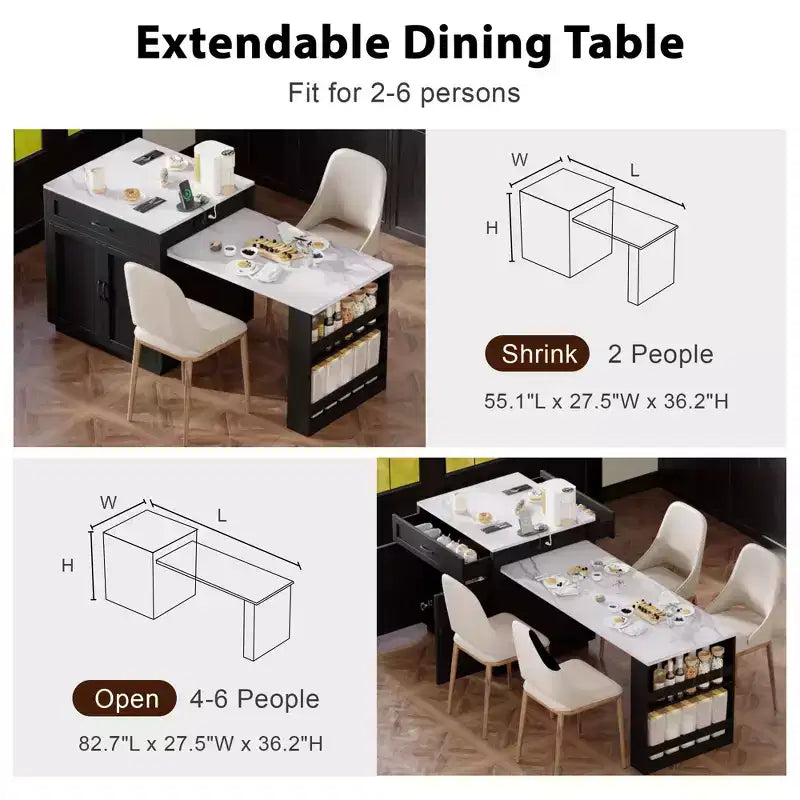 Îlot de cuisine blanc de 210 cm avec table à manger extensible pour 4-6 personnes, table de cuisine bicolore avec rangement double face