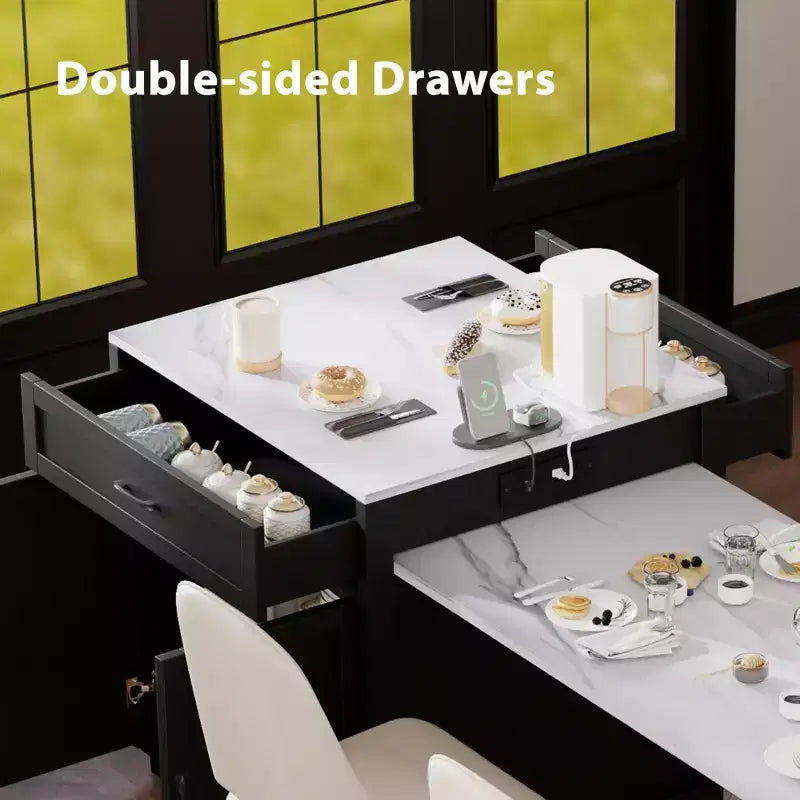 Îlot de cuisine blanc de 210 cm avec table à manger extensible pour 4-6 personnes, table de cuisine bicolore avec rangement double face