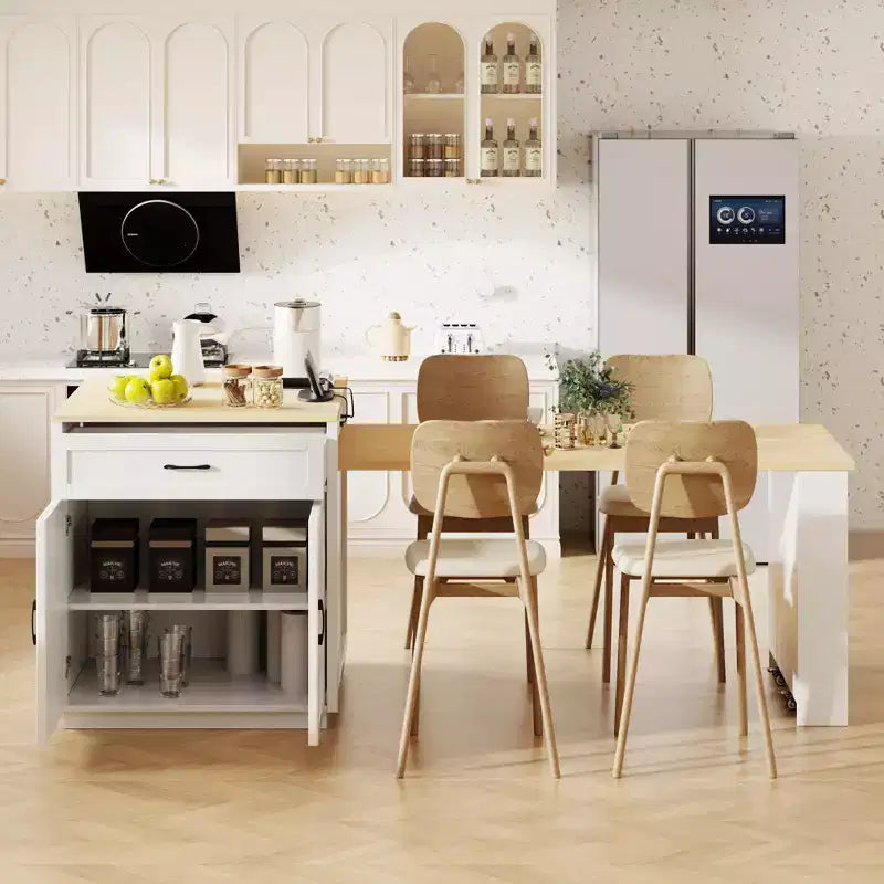 Îlot de cuisine blanc de 210 cm avec table à manger extensible pour 4-6 personnes, table de cuisine bicolore avec rangement double face
