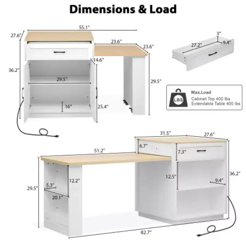 Îlot de cuisine blanc de 210 cm avec table à manger extensible pour 4-6 personnes, table de cuisine bicolore avec rangement double face
