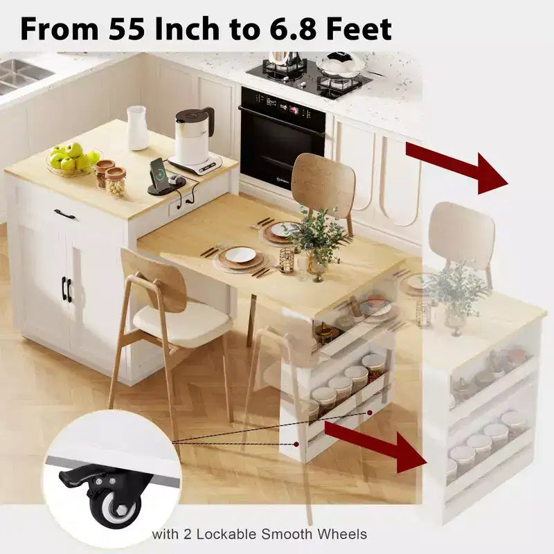 Îlot de cuisine blanc de 210 cm avec table à manger extensible pour 4-6 personnes, table de cuisine bicolore avec rangement double face