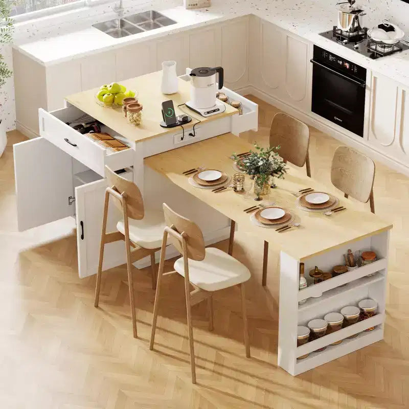 Îlot de cuisine blanc de 210 cm avec table à manger extensible pour 4-6 personnes, table de cuisine bicolore avec rangement double face