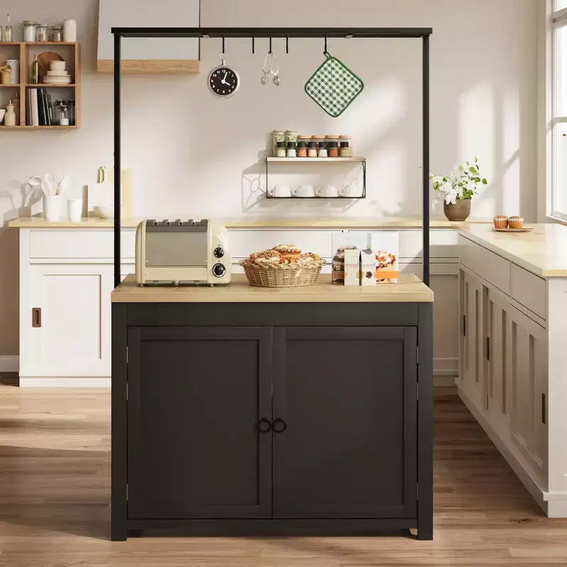 Îlot de cuisine de 42 po avec rangement, chariot de cuisine multifonctionnel robuste avec comptoir de 30 mm d'épaisseur, étagères à 2 niveaux et 5 crochets