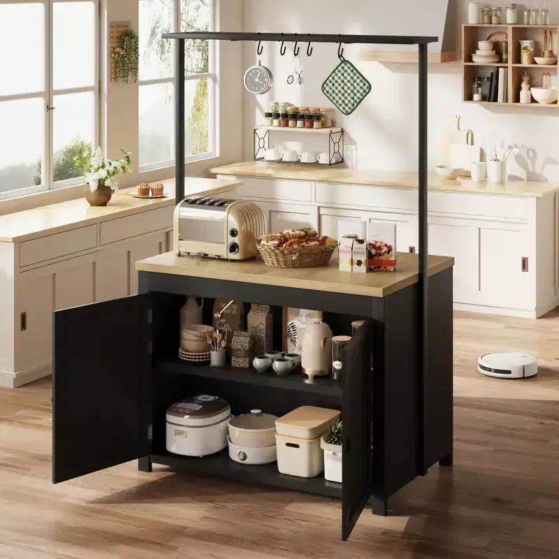 Îlot de cuisine de 42 po avec rangement, chariot de cuisine multifonctionnel robuste avec comptoir de 30 mm d'épaisseur, étagères à 2 niveaux et 5 crochets