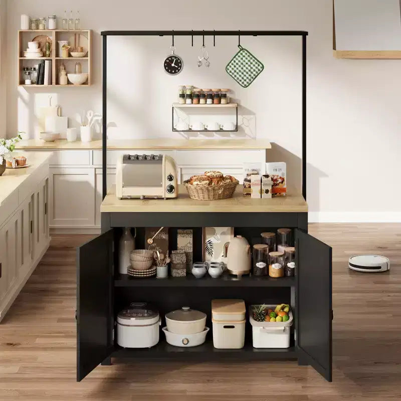 Îlot de cuisine de 42 po avec rangement, chariot de cuisine multifonctionnel robuste avec comptoir de 30 mm d'épaisseur, étagères à 2 niveaux et 5 crochets