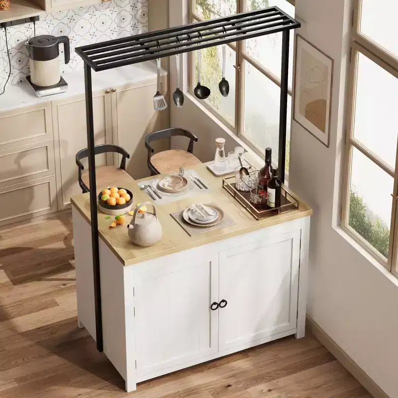 Îlot de cuisine de 42 po avec rangement, chariot de cuisine multifonctionnel robuste avec comptoir de 30 mm d'épaisseur, étagères à 2 niveaux et 5 crochets