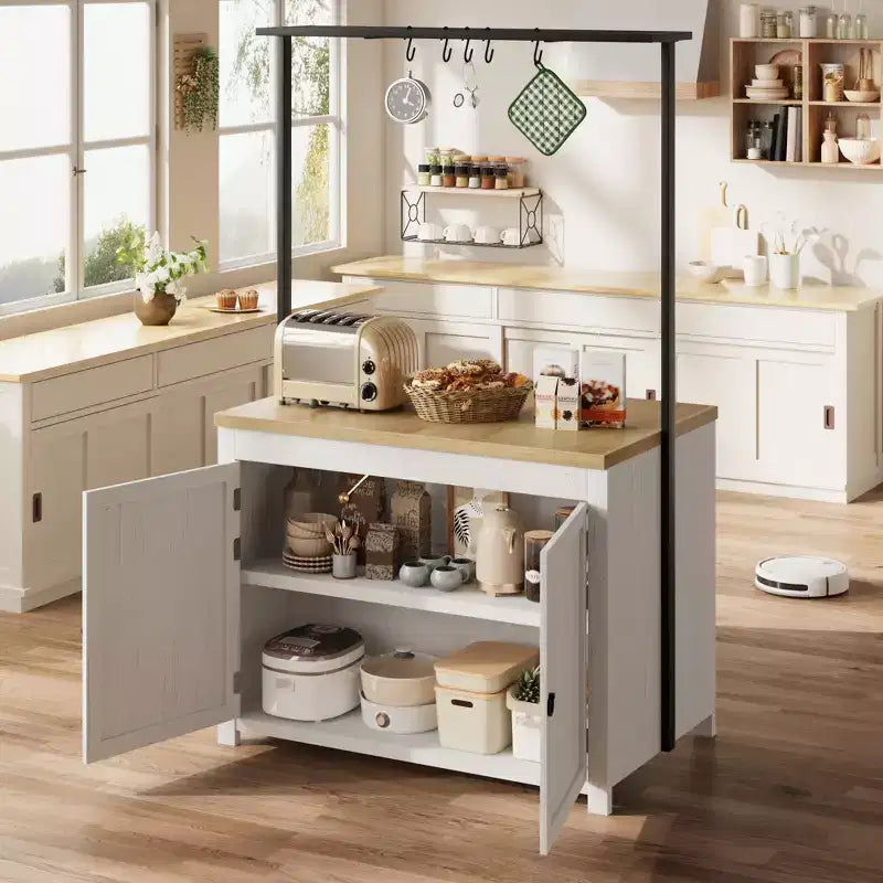 Îlot de cuisine de 42 po avec rangement, chariot de cuisine multifonctionnel robuste avec comptoir de 30 mm d'épaisseur, étagères à 2 niveaux et 5 crochets