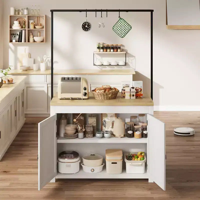 Îlot de cuisine de 42 po avec rangement, chariot de cuisine multifonctionnel robuste avec comptoir de 30 mm d'épaisseur, étagères à 2 niveaux et 5 crochets