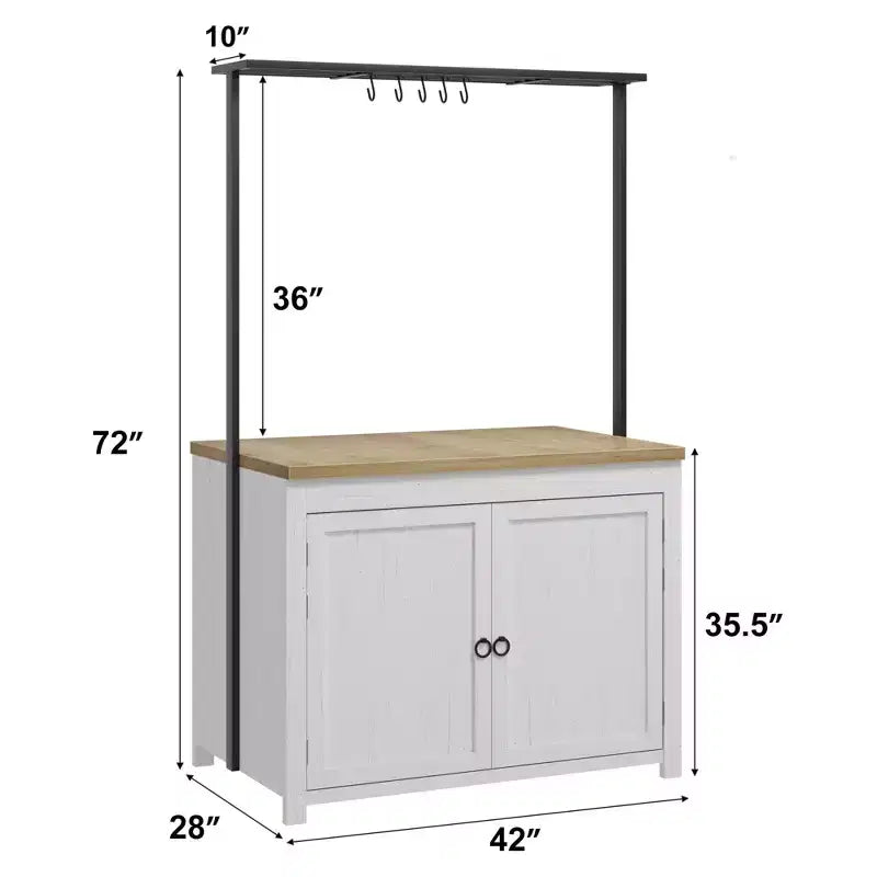 Îlot de cuisine de 42 po avec rangement, chariot de cuisine multifonctionnel robuste avec comptoir de 30 mm d'épaisseur, étagères à 2 niveaux et 5 crochets