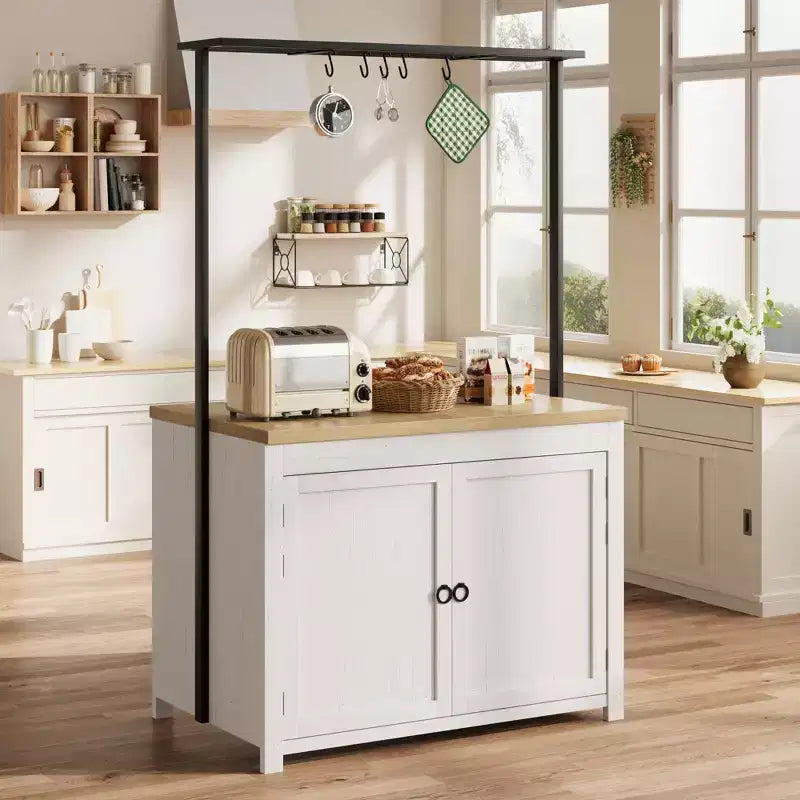 42 Kitchen Island with Storage, Heavy-Duty Multi-Functional Kitchen Cart with 30mm Thick Countertop, 2-Tier Shelves 5 Hooks