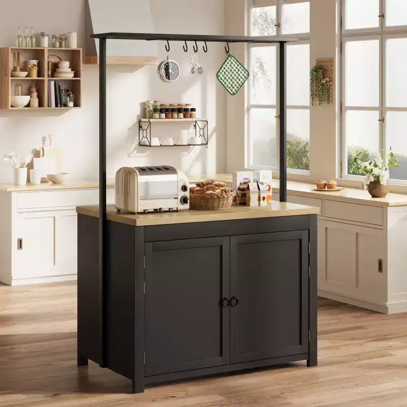 Îlot de cuisine de 42 po avec rangement, chariot de cuisine multifonctionnel robuste avec comptoir de 30 mm d'épaisseur, étagères à 2 niveaux et 5 crochets