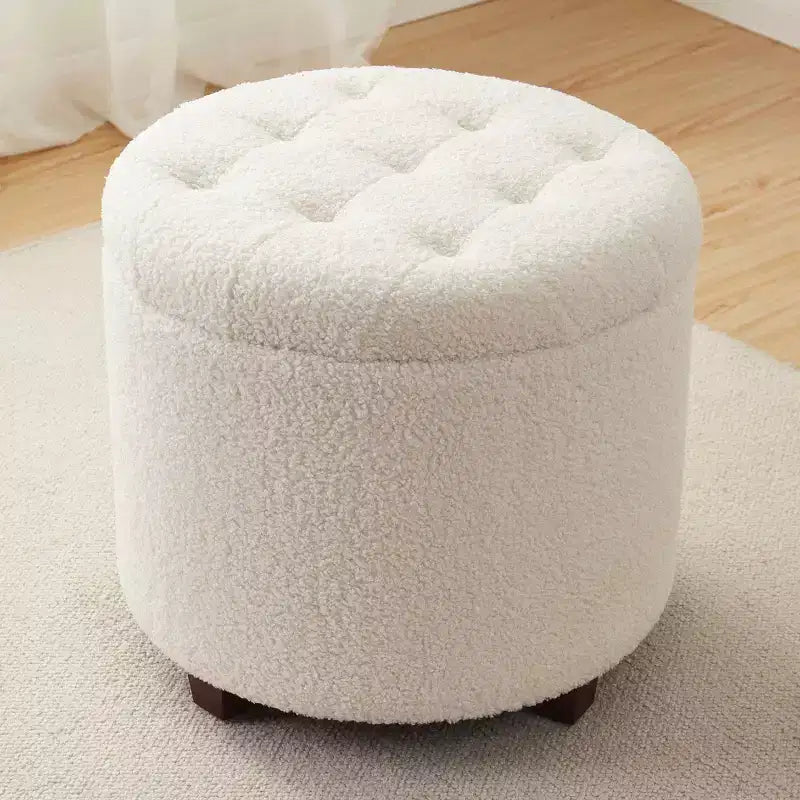 Ornavo Home Donovan Round Tufted Boucle Storage Ottoman - White