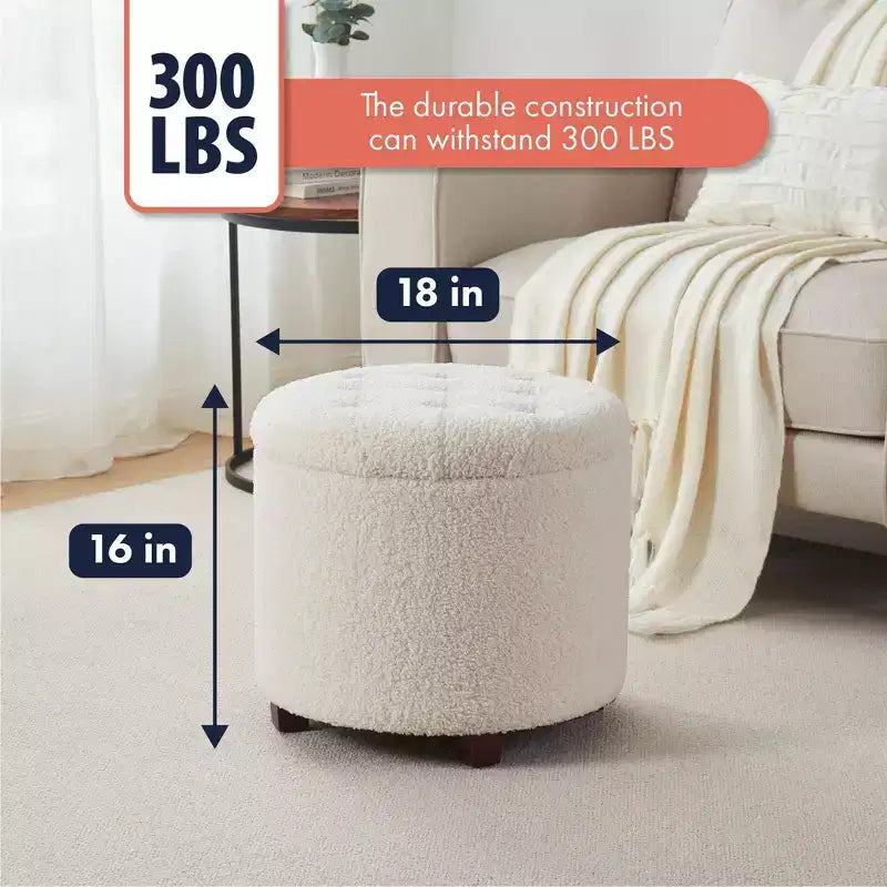 Pouf de rangement rond touffeté en bouclette - Blanc