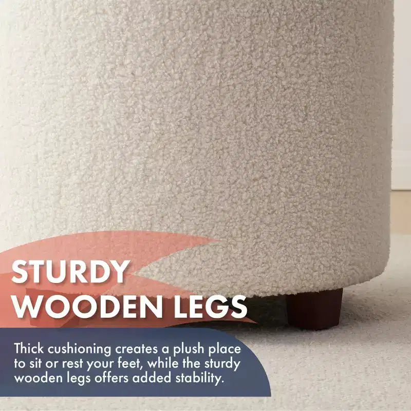 Pouf de rangement rond touffeté en bouclette - Blanc