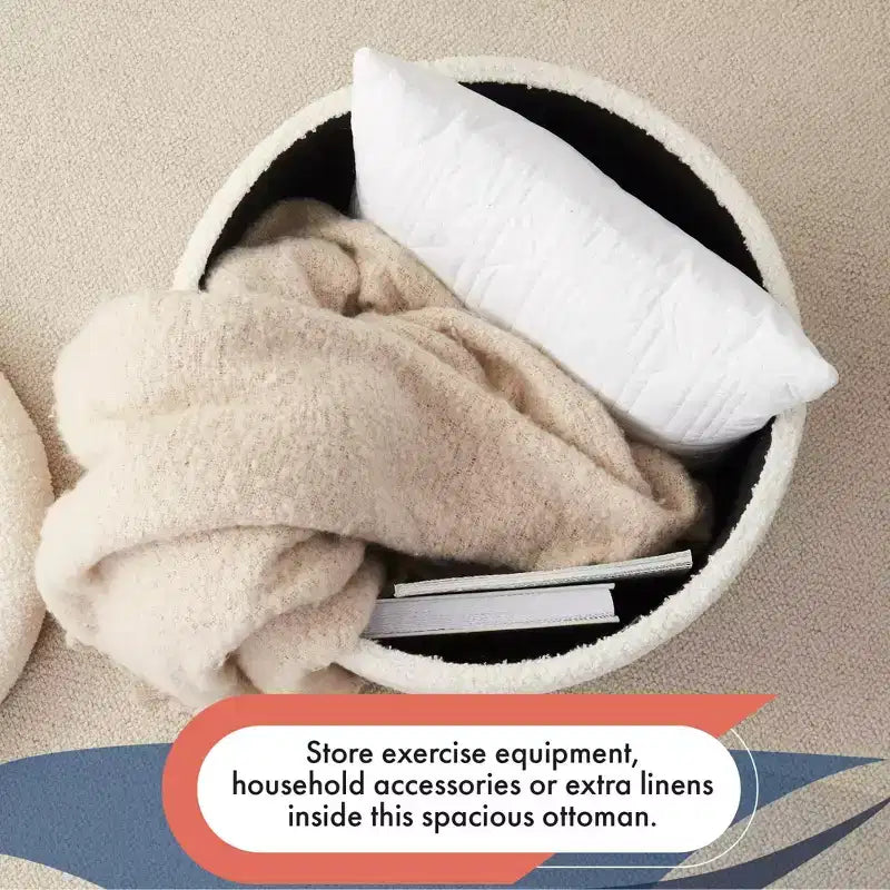 Pouf de rangement rond touffeté en bouclette - Blanc