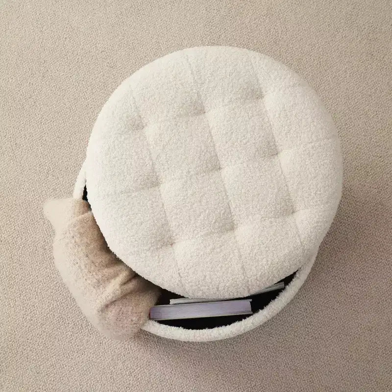 Pouf de rangement rond touffeté en bouclette - Blanc