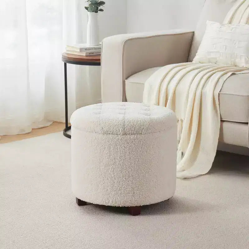 Pouf de rangement rond touffeté en bouclette - Blanc