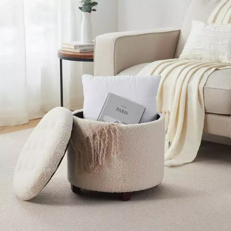 Pouf de rangement rond touffeté en bouclette - Blanc