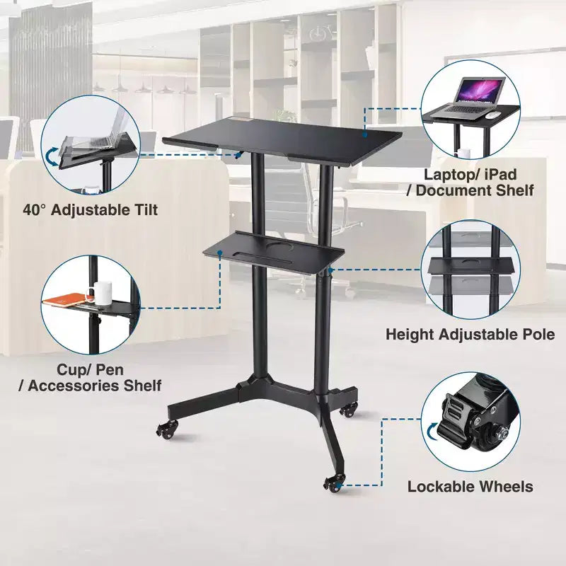 Pupitre roulant portable, bureau mobile pour ordinateur portable, lutrin de présentation, bureau