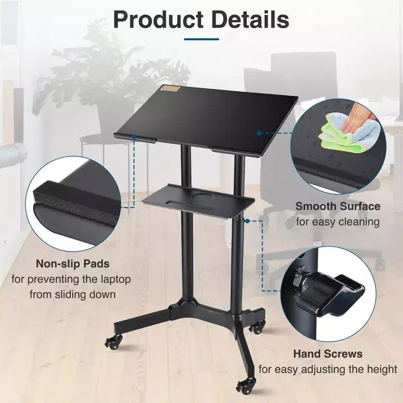 Pupitre roulant portable, bureau mobile pour ordinateur portable, lutrin de présentation, bureau