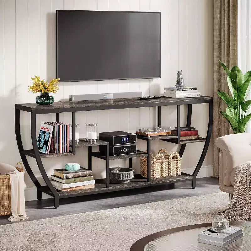 Table de canapé de 180 cm de long avec étagères, Console rustique avec rangement, Meuble TV industriel de couloir