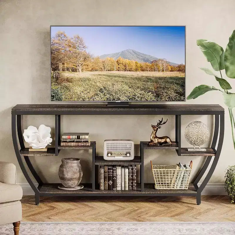 Table de canapé de 180 cm de long avec étagères, Console rustique avec rangement, Meuble TV industriel de couloir